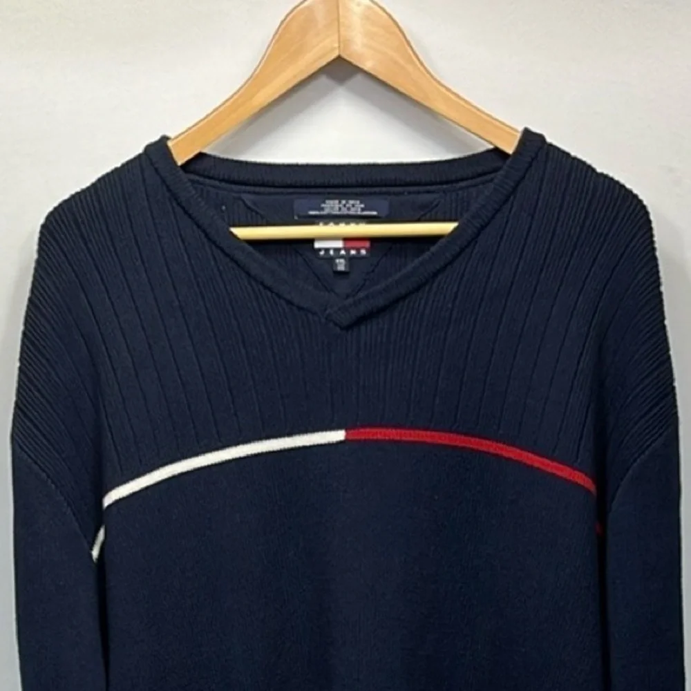 Tommy Hilfiger V Neck Sweater Mens Size XXL Navy All Cotton Ribbed Long Sleeve